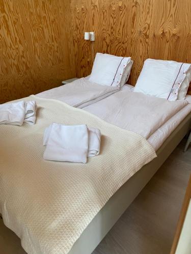 two beds with white pillows sitting next to each other at Båstad Ateljehus in Båstad