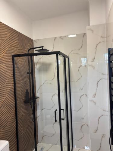 a shower with a glass door in a bathroom at WINE NOT Tállya in Tállya