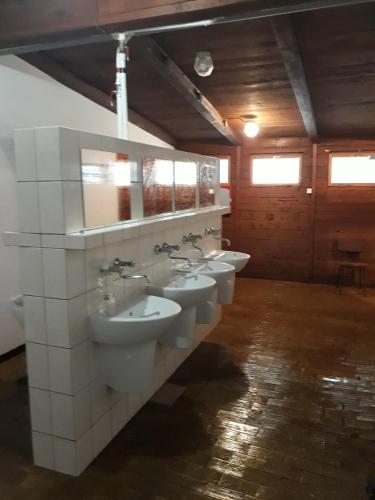 a bathroom with three sinks and a row of toilets at Camping ZAMEK C1 in Giżycko