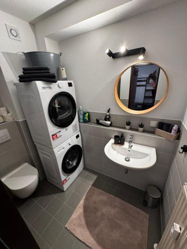 a bathroom with a washing machine and a sink at Apartment Eppingen in Eppingen