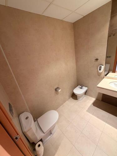 a bathroom with a toilet and a sink at Hotel del Vino in Cariñena