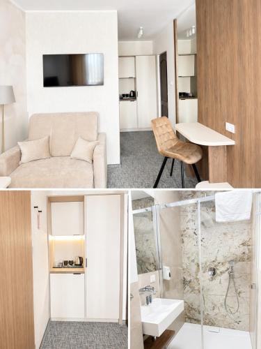 a living room and dining room with a couch and a table at Hotel Restauracja Kaukaska Jadwiga Choroszy in Wolsztyn