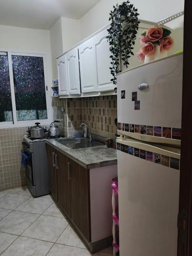 a kitchen with a white refrigerator and a sink at Slow Life Bouznika in Bouznika