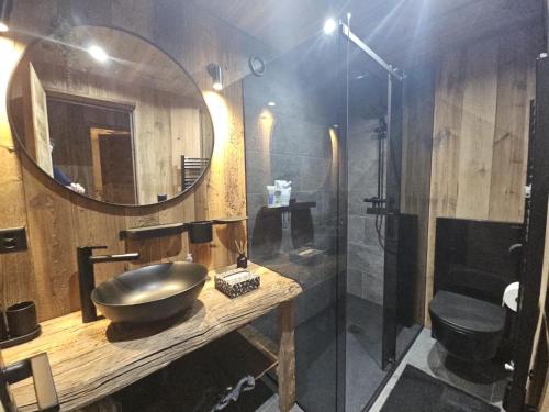 a bathroom with a sink and a glass shower at Immeuble Les Mélèzes in Les Collons