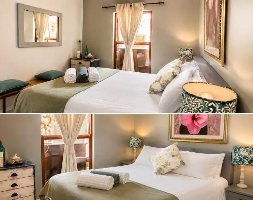 two pictures of a bedroom with two beds at Tanzanite in Paternoster