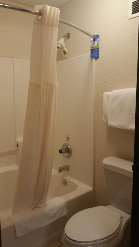 a bathroom with a toilet and a shower with a curtain at Baymont by Wyndham Tuscola in Tuscola