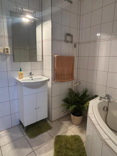 a bathroom with a sink and a mirror and a tub at Prázdninový dom in Štúrovo