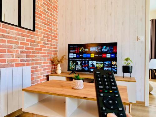 a person holding a remote control in front of a tv at Gîte Clair de Lune in Monts-sur-Guesnes