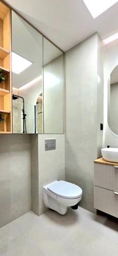 a bathroom with a toilet and a sink at Apartament Dąbrowskiego in Iława