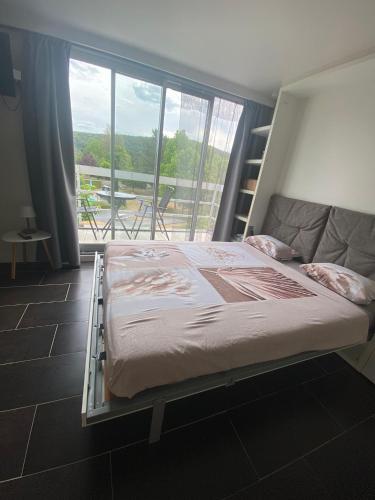 a bed in a room with a large window at Studio Cosy 2 in Han-sur-Lesse