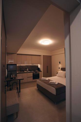 a large bedroom with a bed and a kitchen at Luna house in Chalkida