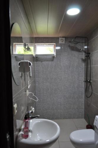 a bathroom with a sink and a shower at Chalet Gveleti in Barisakho