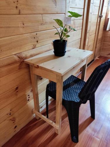 a wooden table with a potted plant and a chair at San Marcos Mountain Lodge in Chontabamba