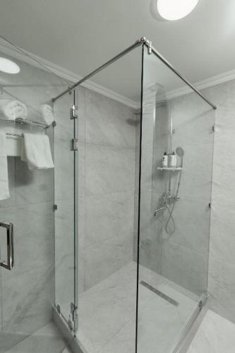 a shower with a glass door in a bathroom at Safia Plaza Hotel in Bukhara