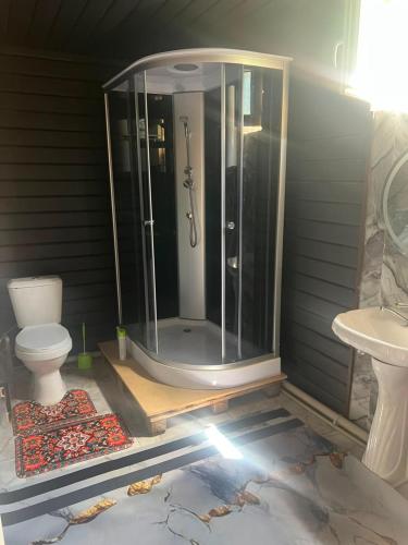 a bathroom with a shower with a toilet and a sink at Guest house Aibek in Kurmenty