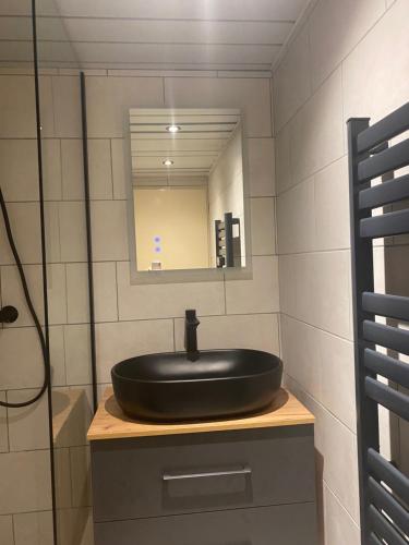 a bathroom with a black sink and a mirror at Gite du Lac in Lourdes