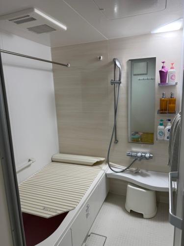 a small bathroom with a shower and a sink at Tokyo Shinichi House A in Tokyo
