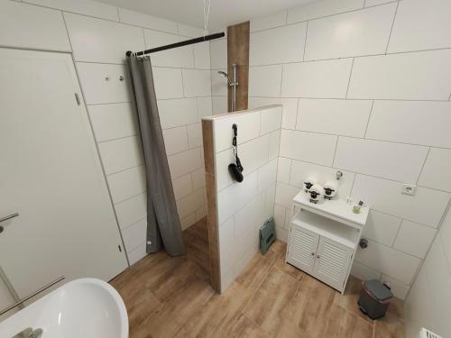 a bathroom with a shower and a toilet and a sink at Janas Pfälzerwaldglück in Lemberg