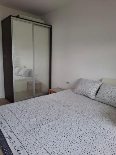 a bedroom with a large bed and a mirror at Zmaj LUX 2 in Mladenovac