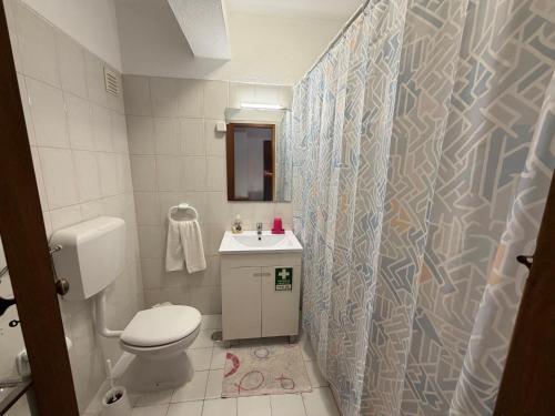 a bathroom with a toilet and a shower curtain at Edificio Caique C in Armação de Pêra
