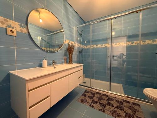 a bathroom with a sink and a mirror and a shower at Castelo 48 in Lamego