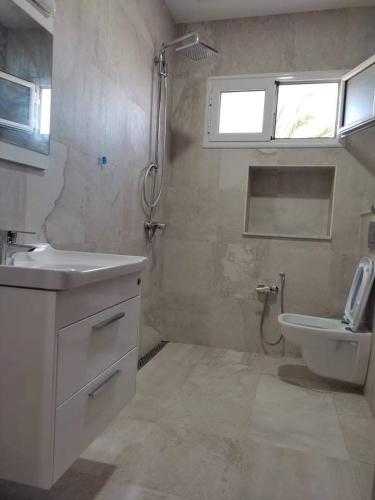 a bathroom with a sink and a toilet and a window at Dar saber in Sfax