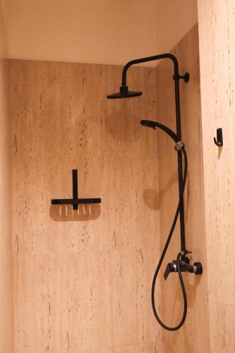 a shower in a bathroom with two shelves on the wall at AleA Central Studio Art Museum in Craiova