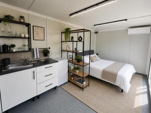 a bedroom with a bed and a sink and a kitchen at Firiza Nature Lodges in Baia Mare