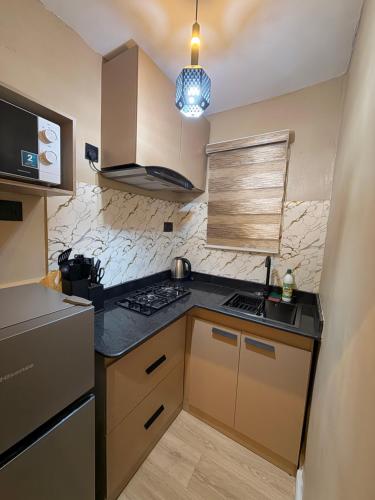 a small kitchen with a sink and a stove at Pedro suite by iconic apartment in Lagos