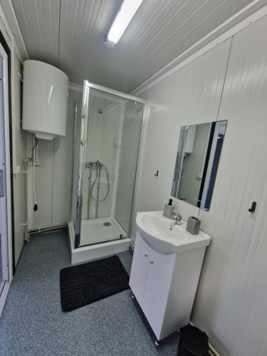 a white bathroom with a shower and a sink at Firiza Nature Lodges in Baia Mare