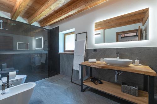 a bathroom with a sink and a mirror at Chalet Grifone - Chalet Maso Vecchio nel cuore del Lagorai Trentino in Castello Tesino