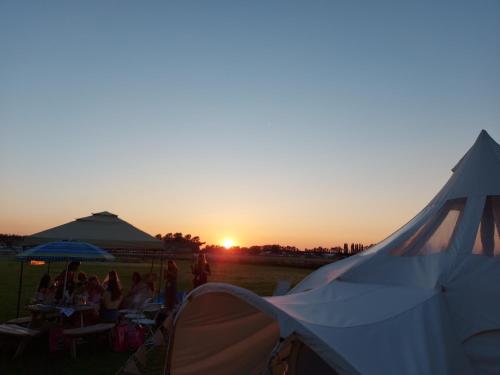 a group of people sitting under umbrellas watching the sunset at Glamping with Llamas in Wisbech