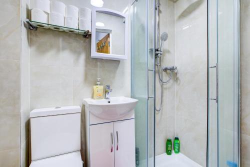 a bathroom with a shower and a sink and a toilet at The City Hotel London in London