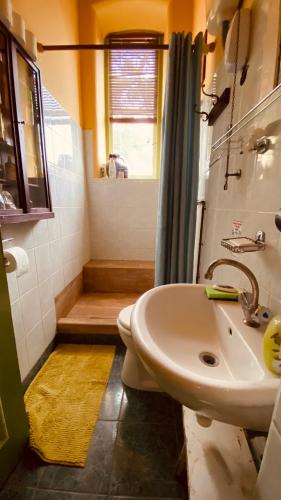 a bathroom with a sink and a toilet and a shower at Rózsilak in Balatonfüred