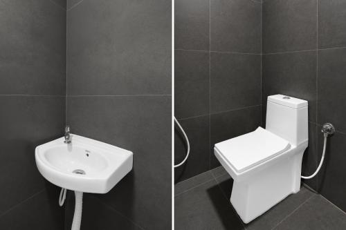 two pictures of a bathroom with a toilet and a sink at Hotel O R Eleven in Hyderabad
