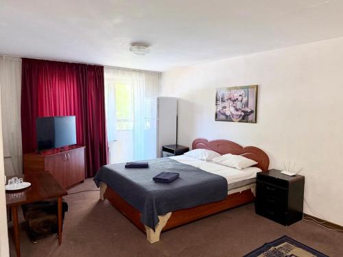 a bedroom with a bed and a table and a television at Готель на Шнеєрсона in Dnipro