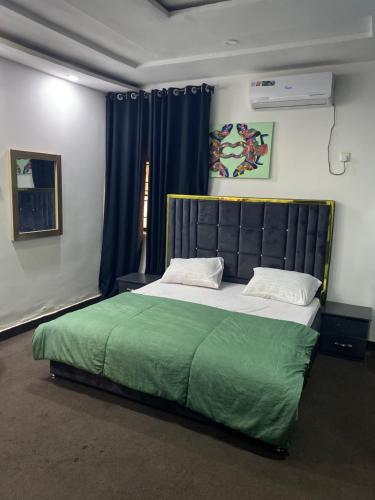 a bedroom with a large bed with a green blanket at CZ Apartments in Bardon Yana