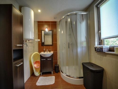 a bathroom with a shower and a sink at Chaty Anety Domki Całoroczne in Solina