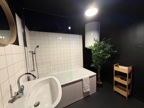 a bathroom with a tub and a sink and a plant at L'Atelier des Amoureux studio à 2 pas du château in Sedan