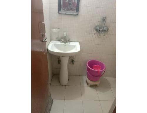 a bathroom with a sink and a pink bucket at Hotel Viren Sofitel, Agra in Agra