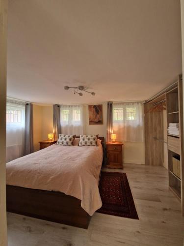 a bedroom with a large bed and two night stands at Le Jardin de Courcelle in Gif-sur-Yvette