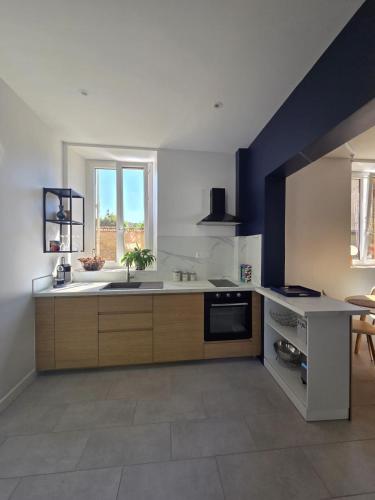 a large kitchen with a sink and a window at Cyprès des Vignes- L'Ecrin in Hermonville