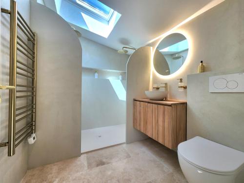 a bathroom with a toilet and a sink and a skylight at Suite Amoriya in Camblanes-et-Meynac