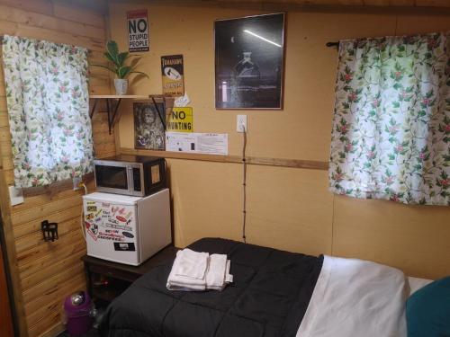 a room with a bed with a microwave and a tv at Cozy Tree House in Saint John