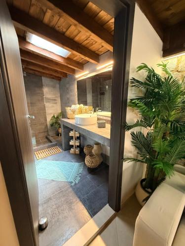 a bathroom with a sink and a mirror at Sea La Vie in Keramídhion
