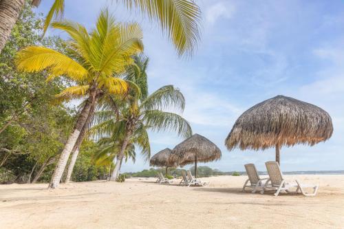 two straw umbrellas and chairs on a beach with palm trees at Decameron Barú - All Inclusive in Playa Blanca