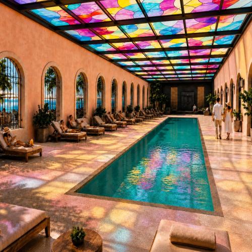 a swimming pool in a building with a colorful ceiling at Vila Galé Collection Opera - Sao Luis in São Luís