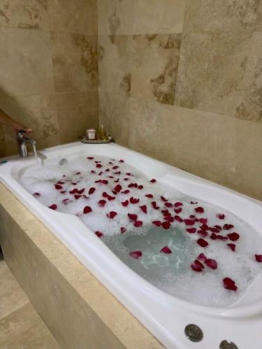 a bath tub filled with red roses in a bathroom at San Germán in Guasave