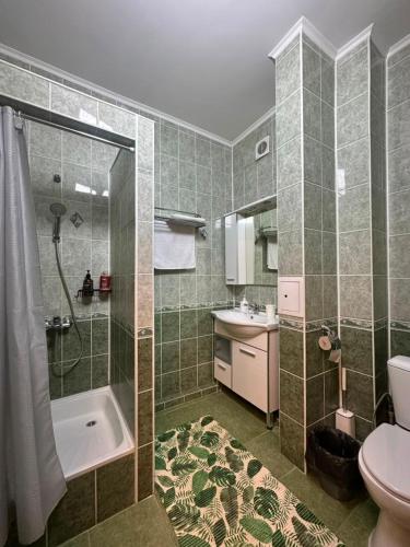 a bathroom with a shower and a toilet and a sink at Dostyq in Astana