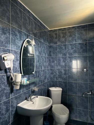 a bathroom with a toilet and a sink and a mirror at Hotel Lika in Batumi